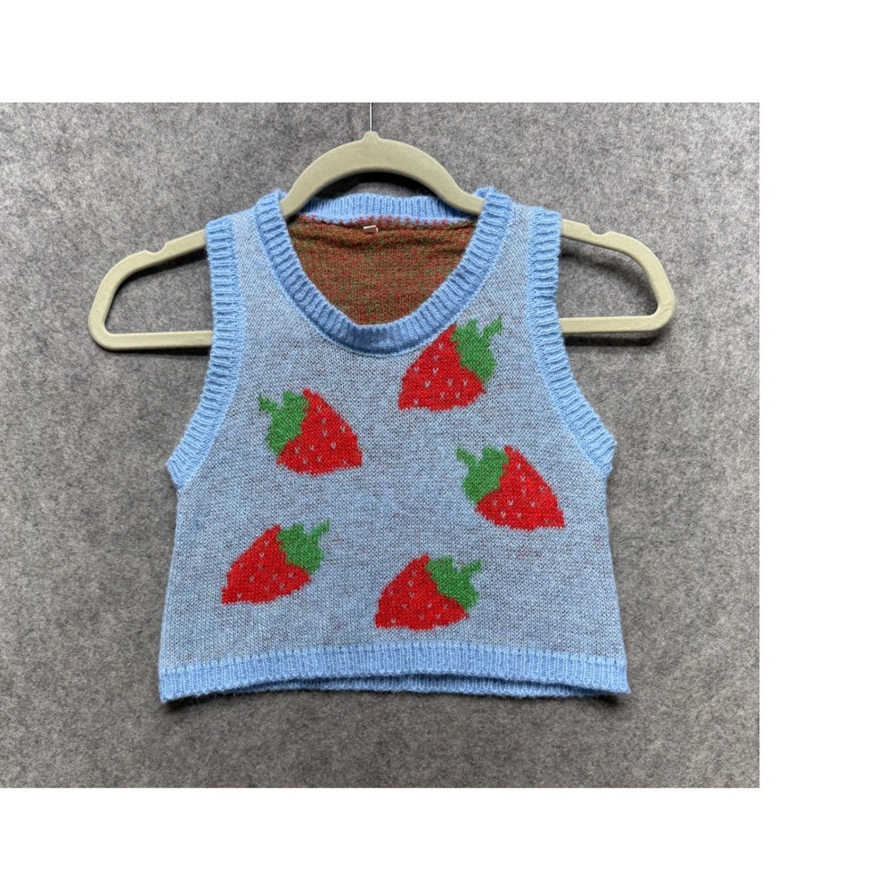 Strawberry Knit Sweater Vest Light Blue Cropped Sleeveless Crew Neck Top Small
